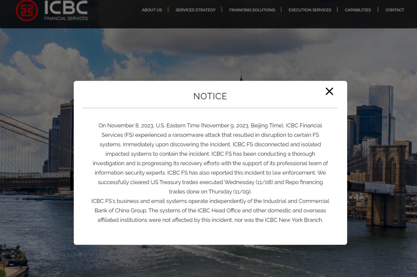 Comunicado emitido por ICBC. (Imagen: Portal web de ICBC)