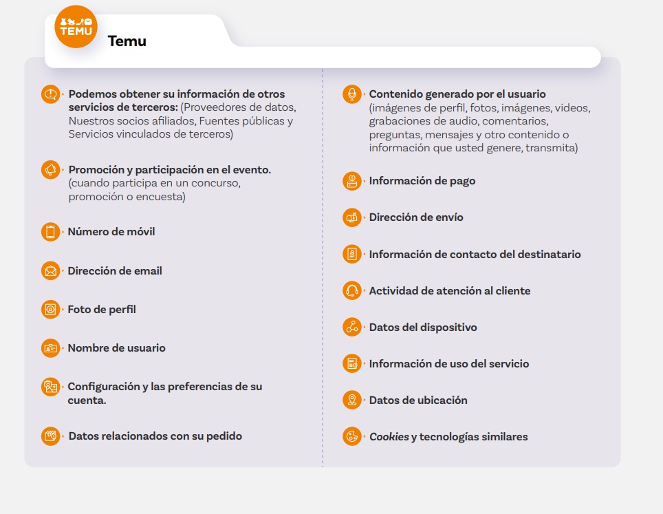 Apartados que se incluyen en la política de privacidad de TEMU para recopilar información de los ususarios. Imágen: IFT