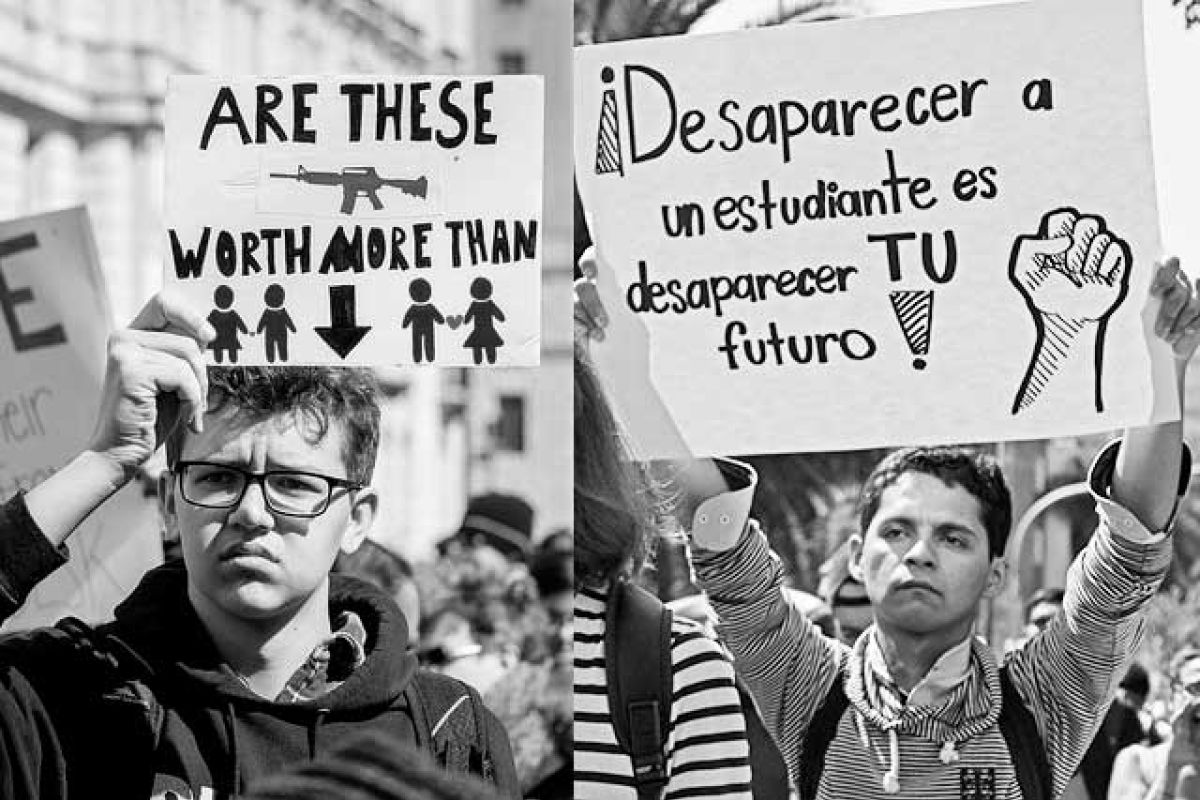 En Guadalajara se marchó por encontrar a los estudiantes desaparecidos y en Washington por protegerlos de las armas. Fotos: (izq) Mathias Wasik, (der) Mariana Varela. En Guadalajara se marchó por encontrar a los estudiantes desaparecidos y en Washington por protegerlos de las armas