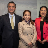 Raúl Rodríguez, director del Consejo Ejecutivo del Agua, Marissa Mar Pecero, estratega de Comunicación y educación en agua y Tecnologías de la Información y Matilde Saldivar, directora de Aquatech México, durante la conferencia de presentación. (Imagen: Aquatech)