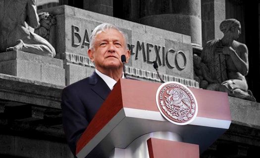 El presidente López Obrador y detalle de la fachada del Banco de México. (Foto: Gobierno de México)