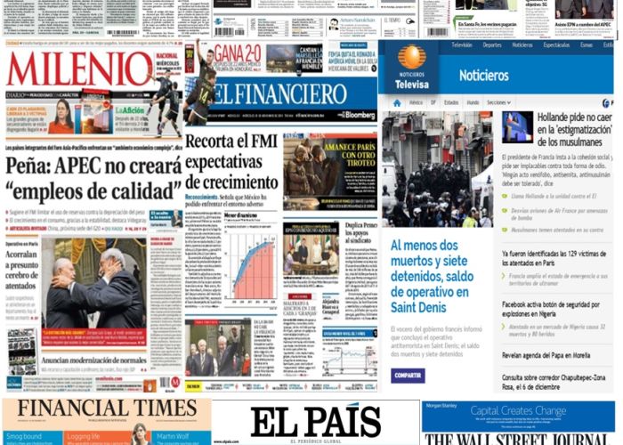 Las principales portadas en la prensa de México y el mundo del 18 de noviembre.