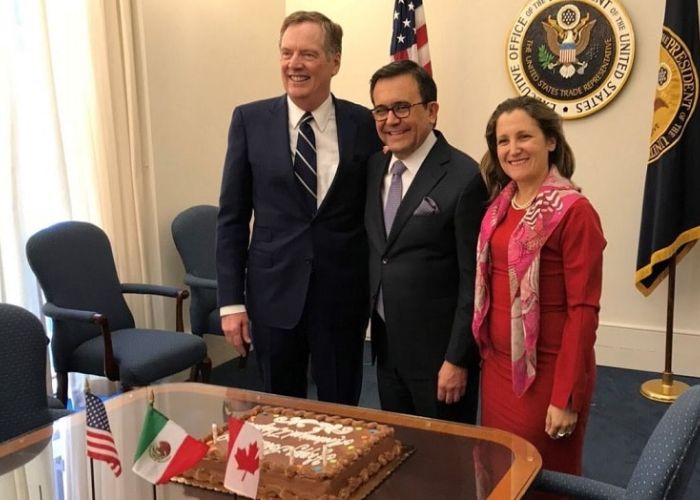 De izquierda a derecha: Robert Lighthizer (EU), Ildefonso Guajardo (México) y Chrystia Freeland (Canadá).