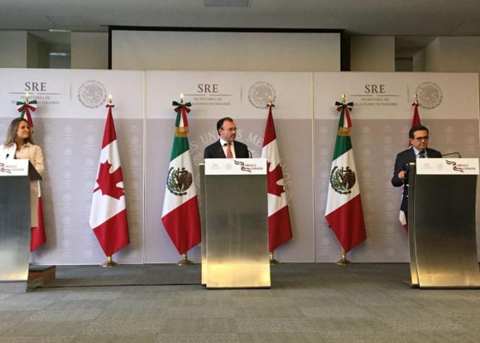 Chrystia Freeland, Luis Videgaray e Ildefonso Guajardo en conferencia de prensa Foto: Twitter Secretaria de Relaciones Exteriores @SRE_mx