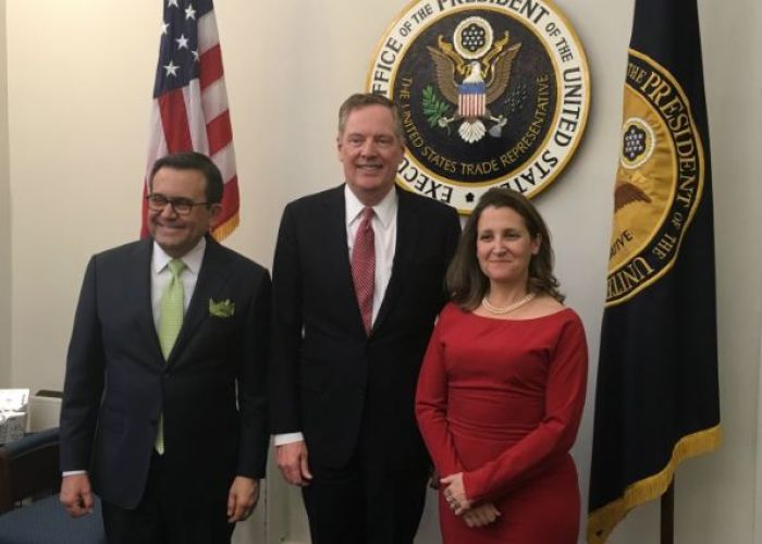 Ildelfonso Guajardo, Robert Lighthizer y Chrystia Freeland, los negociadores del TLCAN por parte de México, Estados Unidos y Canadá, respectivamente.