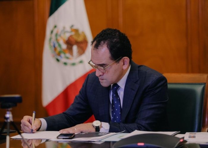 El secretario de Hacienda, Arturo Herrera, en reunión virtual el 28 de agosto en su oficina de Palacio Nacional (Foto. Twitter)