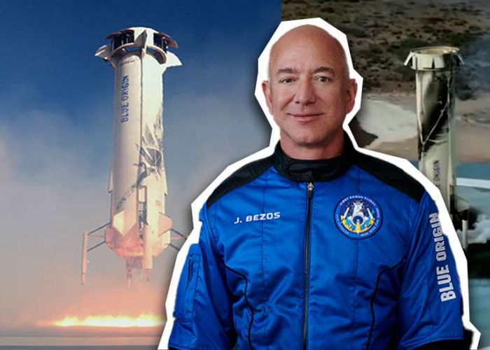 La aeronave New Shepard y Jeff Bezos. (Foto: Blue Origin)