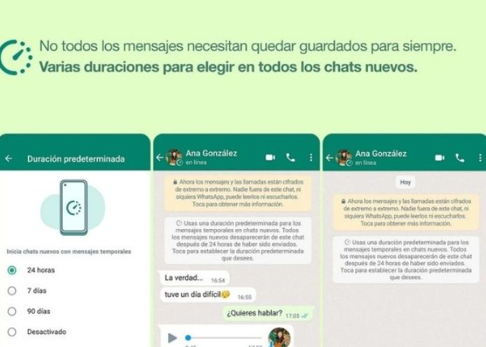 Las nuevas opciones de duración de los mensajes temporales llegarán en las próximas semanas a todos los usuarios. (Foto: WhatsApp)