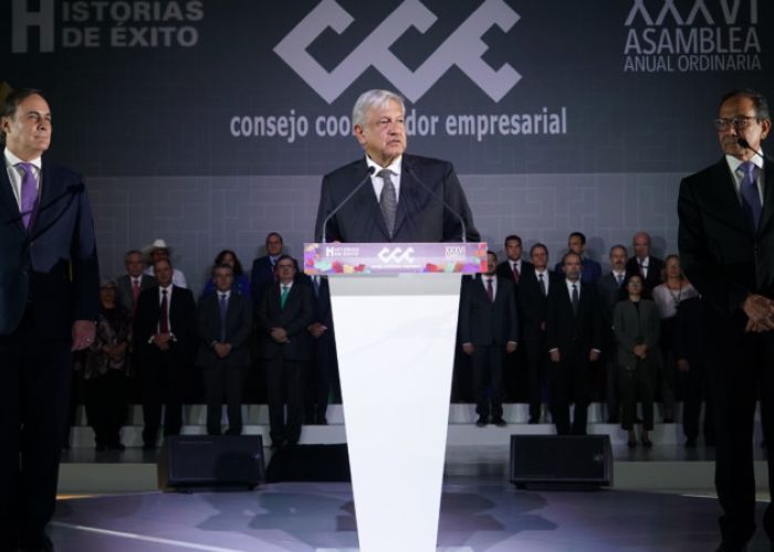 El presidente López Obrador durante la XXVI asamblea anual ordinaria del CCE. (Foto: Presidencia de México)