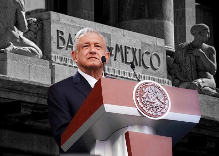 El presidente López Obrador y detalle de la fachada del Banco de México. (Foto: Gobierno de México)