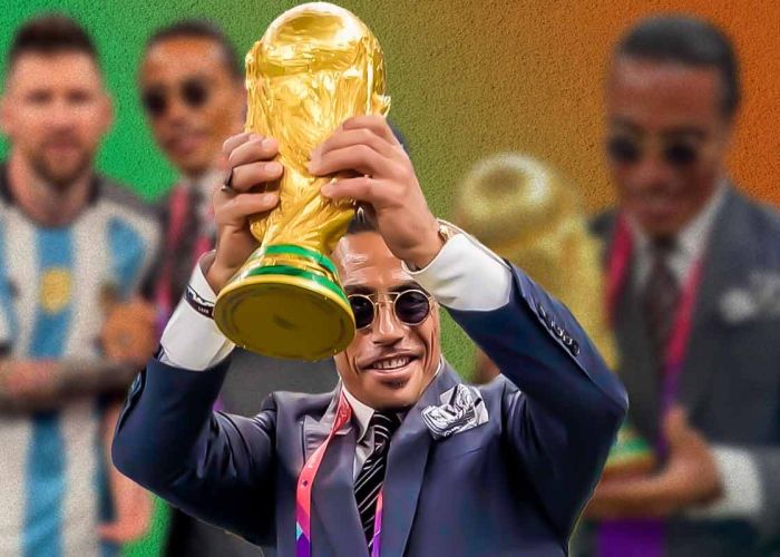 Salt Bae sostiene la Copa del Mundo.