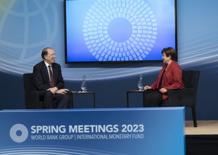 David Malpass, presidente del Banco Mundial, y Kristalina Georgieva, directora gerente del FMI, en el inicio de las Reuniones de Primavera 2023 en Washington, DC (Foto: Twitter World Bank)