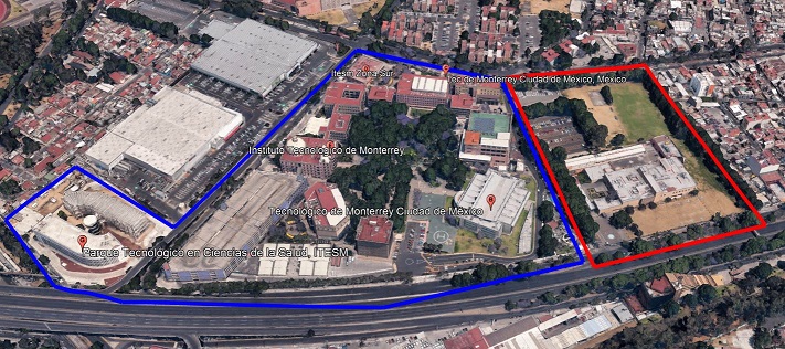 En azul los terrenos actuales del Tec, en rojo los nuevos terrenos. Fuente: Elaboración propia con cartografía de Google Earth