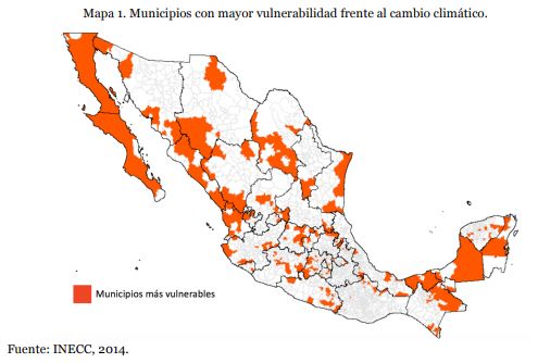 Municipios vulnerables al cambio climático en México.