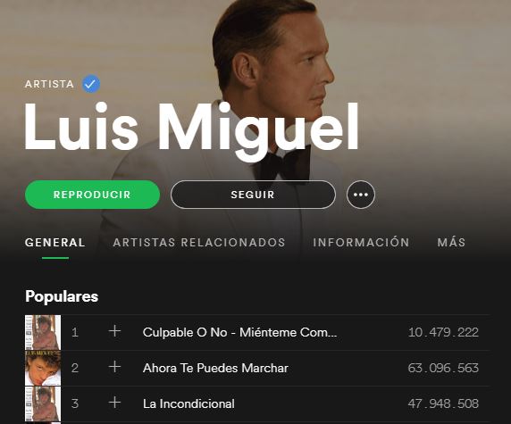 culpable o no la canción  más popular de Luis Miguel en Spotify