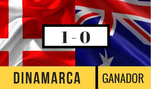 En el juego Dinamarca contra Australia se predice un marcardor 1 - 0 en favor del equipo danés.