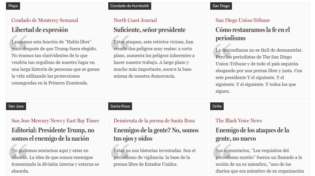 Titulares de algunos periódicos de EU que se unieron a la protesta del Boston Globe. 