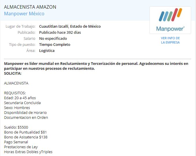 Vacante de almacenista en Amazon