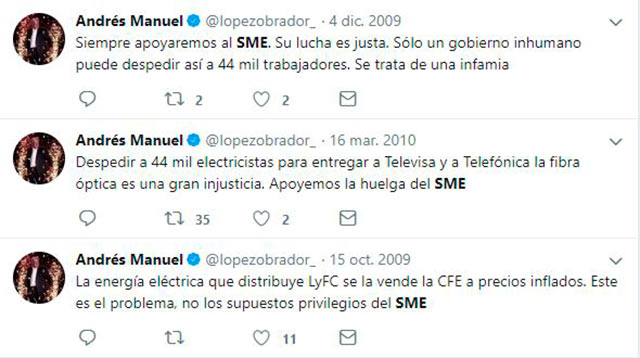 El de electricistas es uno de los sindicatos apoyados por AMLO desde hace años (Fuente: Twitter)