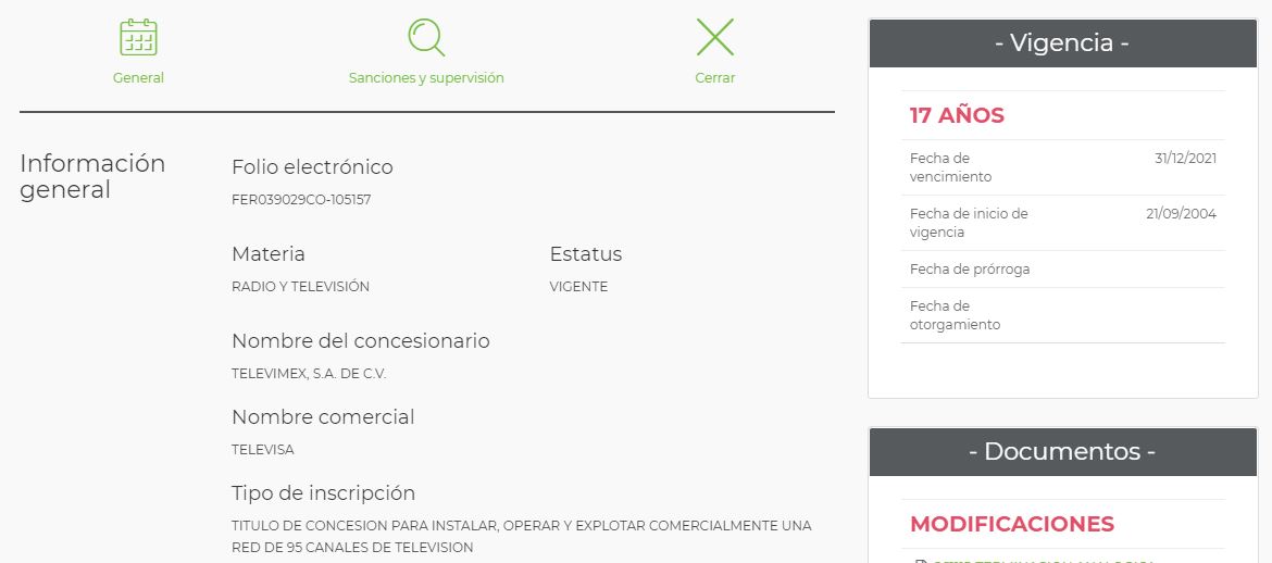 Concesión de Televimex/Televisa para operar en Zinapécuaro, Michoacán (Fuente: IFT)