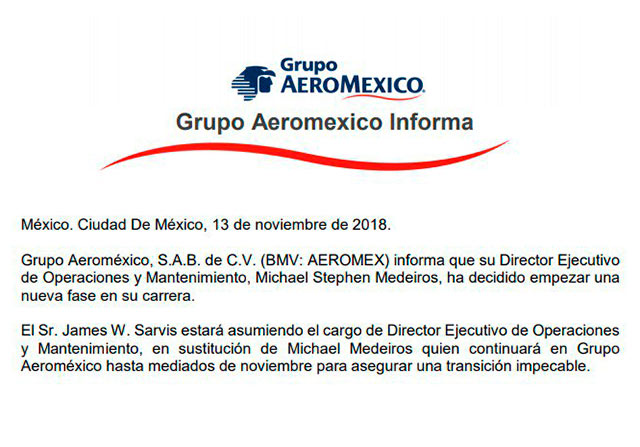 Comunicado de Aeroméxico sobre el nombramiento de su nuevo Director de Operaciones (Foto: @aviacion21)