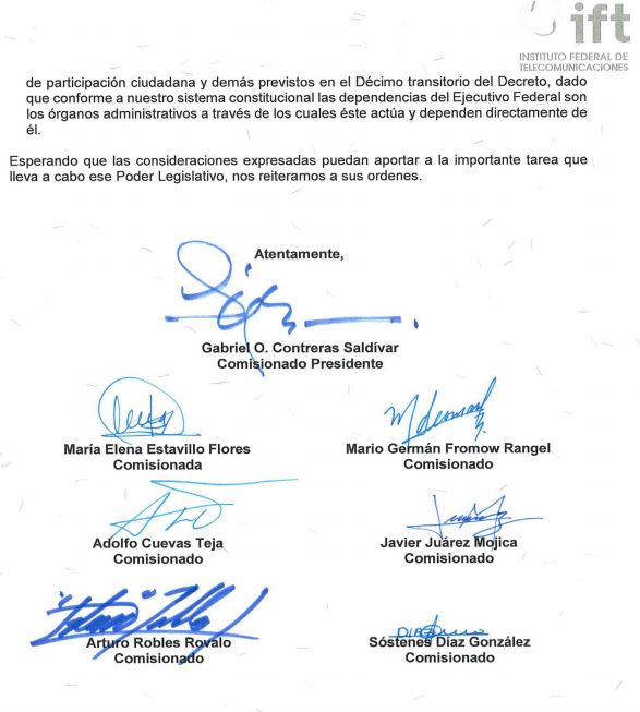 Oficio enviado por la IFT a los senadores miembros de las comisiones de Gobernación, Estudios Legislativos y Radio & TV (Fuente: IFT)