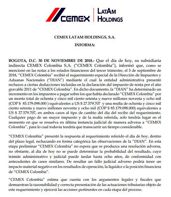 Comunicado de Cemex sobre su respuesta a la DIAN (Fuente: Cemex)