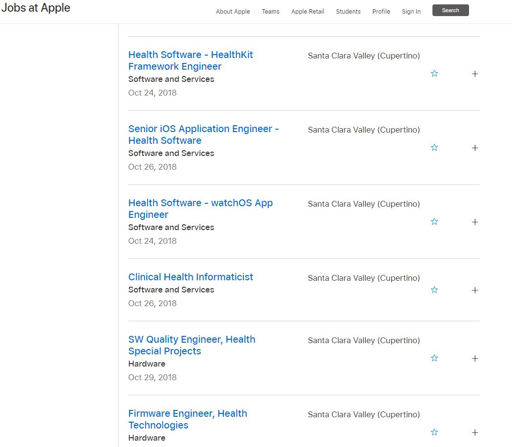 Vacantes de Apple relativas al sector salud (Fuente: Apple)