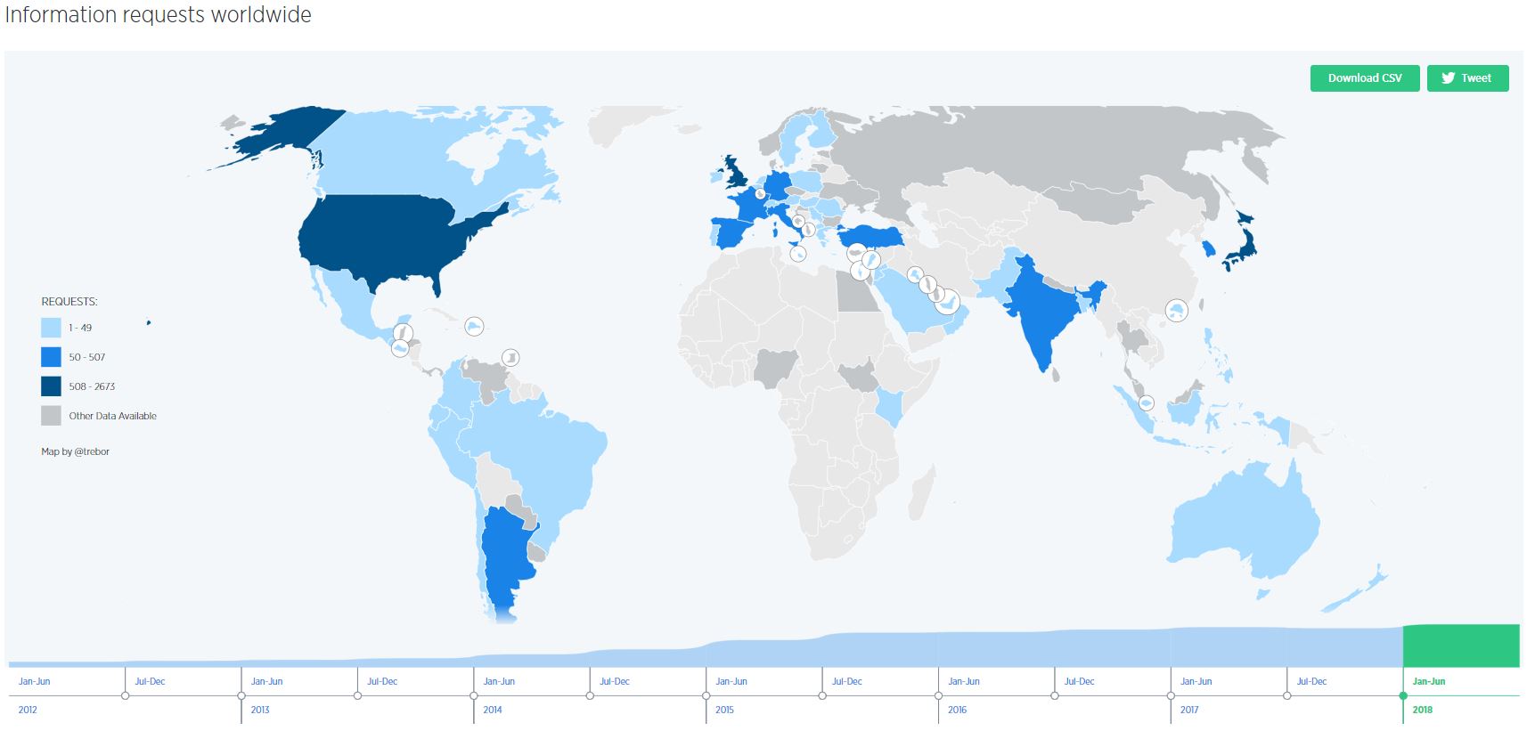 Volumen de solicitudes de información por país (Fuente: Twitter)